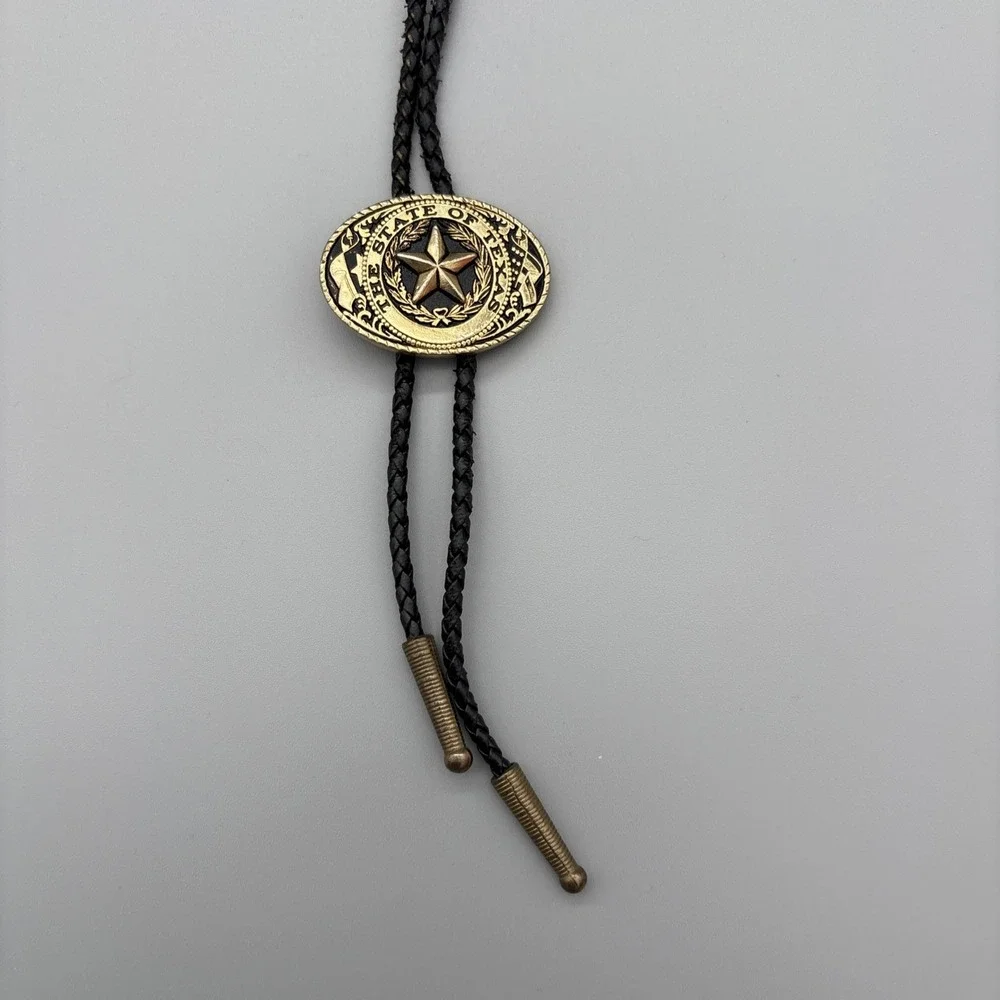 State‎ of Texas seal 1836-1986 Bronze Medallion Bolo Tie Faux Leather Cords